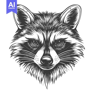 Aset premium populer: A Detailed Black and White Illustration of a Raccoon's Head