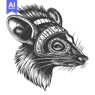 Aset desain premium: A detailed black and white illustration of a rat's head with tribal ma
