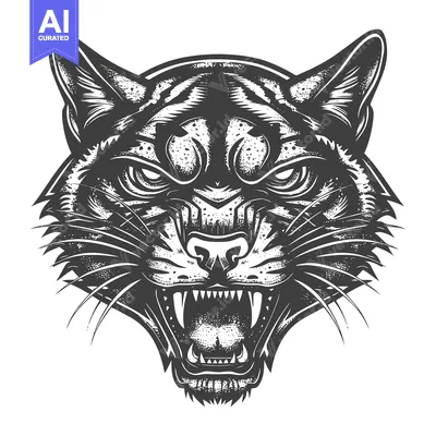 A Detailed Black and White Illustration of a Roaring Cat's Head
