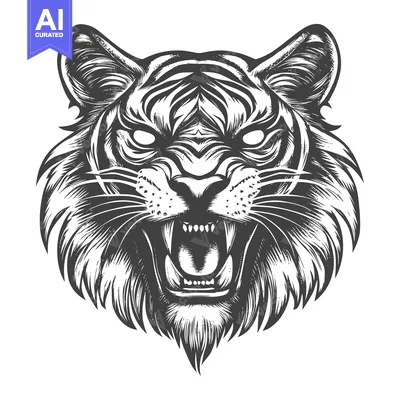 Popular premium asset: A Detailed Black and White Illustration of a Roaring Tiger Head