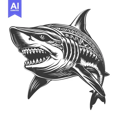 Premium design asset: A detailed black and white illustration of a shark with tribal pattern
