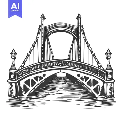Aset desain premium: A Detailed Black and White Illustration of a Suspension Bridge