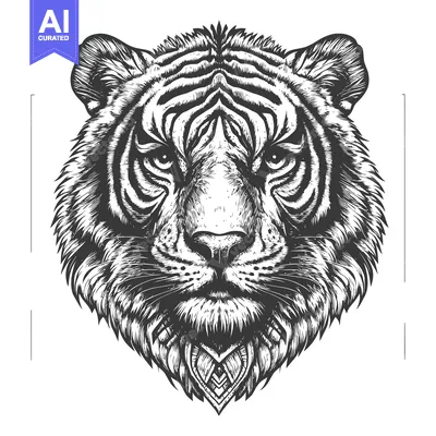 Aset premium populer: A Detailed Black and White Illustration of a Tiger's Face