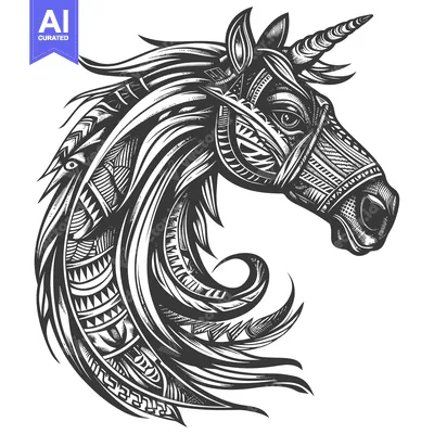 Premium design asset: A Detailed Black and White Illustration of a Unicorn's Head with Geome
