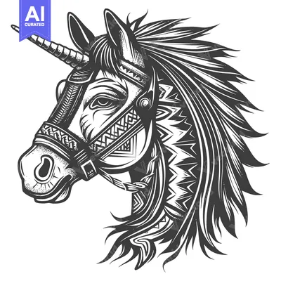 Aset desain premium: A Detailed Black and White Illustration of a Unicorn's Head with Triba