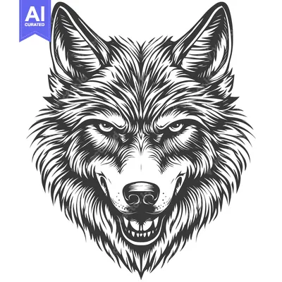 Aset premium populer: A Detailed Black and White Illustration of a Wolf's Head