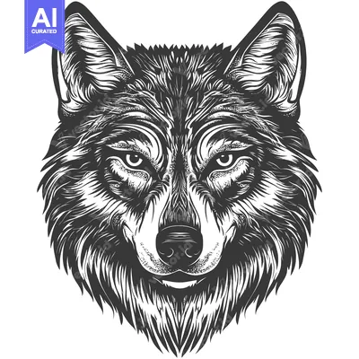 Aset premium populer: A Detailed Black and White Illustration of a Wolf's Head