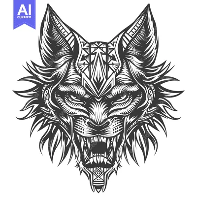 Popular premium asset: A detailed black and white illustration of a wolf's head with geometri