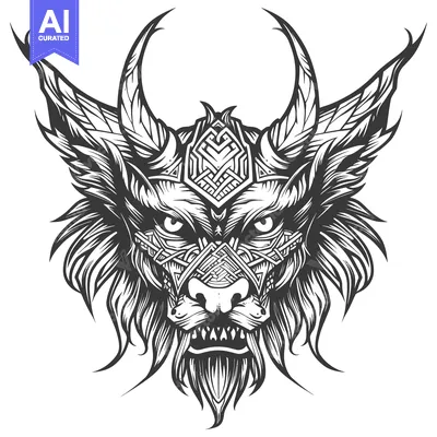 Aset desain premium: A detailed black and white illustration of a wolf's head with horns an