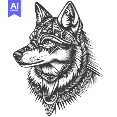 Aset desain premium: A Detailed Black and White Illustration of a Wolf's Head with Intricat
