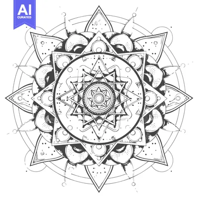 A detailed black and white mandala with geometric patterns and a centr