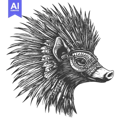 Aset desain premium: A Detailed Black and White Sketch of a Feathered Pig Head