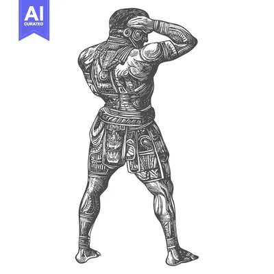 A detailed drawing of a male figure with intricate body art and a hand