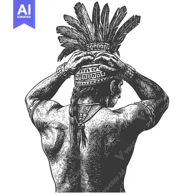 Aset desain premium: A Detailed Engraving of a Native American Man with a Feather Headdress