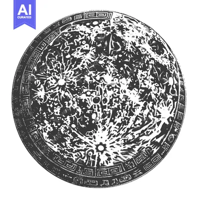 Aset desain premium: A detailed, graphic representation of the moon with stylized craters a