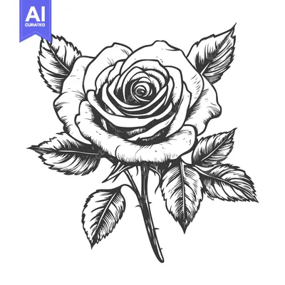 Aset desain premium: A Detailed Hand-Drawn Black and White Illustration of a Single Rose wi