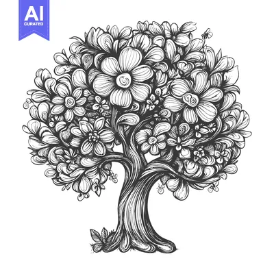 Aset premium populer: A Detailed Hand-Drawn Black and White Illustration of a Tree Abundant
