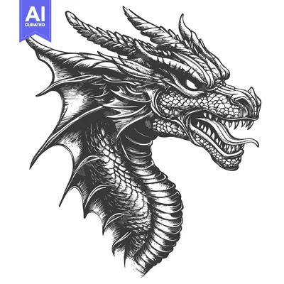 Aset desain premium: A Detailed Hand-Drawn Illustration of a Dragon's Head