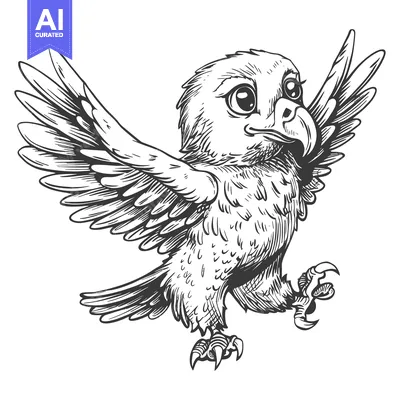 Aset desain premium: A Detailed Hand-Drawn Illustration of a Flying Bird with Open Wings an