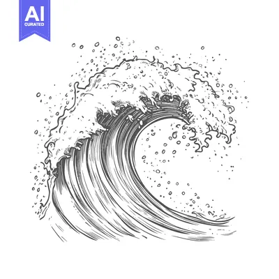 Aset desain premium: A Detailed Hand-Drawn Illustration of a Large Ocean Wave