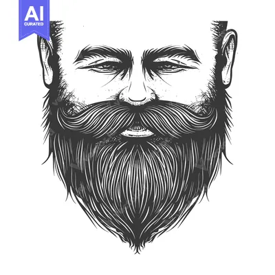 Aset desain premium: A Detailed Hand-Drawn Illustration of a Man with a Long Beard and Must
