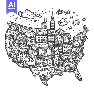 A Detailed Hand-Drawn Illustration of the United States Filled with Va