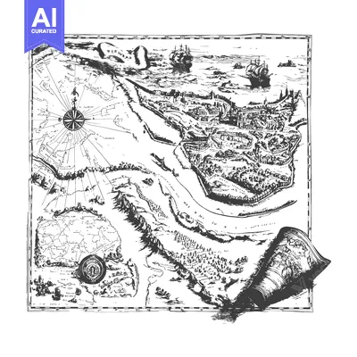 Aset desain premium: A Detailed Hand-Drawn Map with Ships and Compass