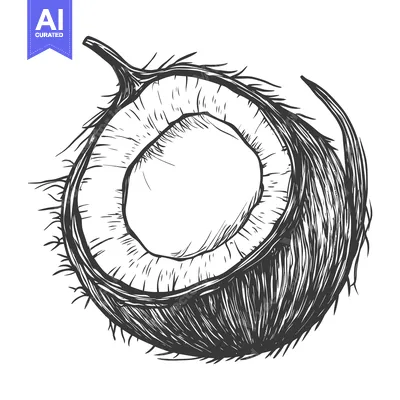 Aset desain premium: A Detailed Hand-Drawn Sketch of a Halved Coconut
