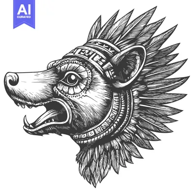Popular premium asset: A Detailed Illustration of a Bear Head with Feathers and a Ceremonial