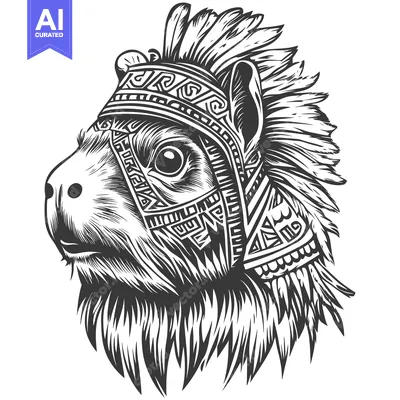 Aset desain premium: A Detailed Illustration of a Capybara Wearing a Native American Headdr