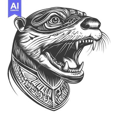 Aset desain premium: A Detailed Illustration of a Growling Otter Head with a Collar