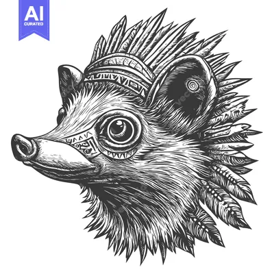 A Detailed Illustration of a Hedgehog Wearing a Feather Headdress