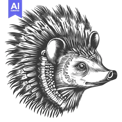 Aset desain premium: A Detailed Illustration of a Hedgehog with Feathers Around Its Neck