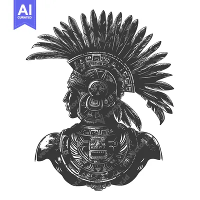 Premium design asset: A Detailed Illustration of an Aztec Warrior with Ornate Headwear and B