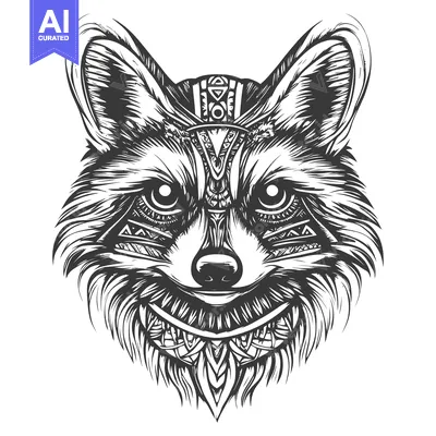 Aset premium populer: A Detailed Illustration of a Raccoon's Head with Tribal Patterns