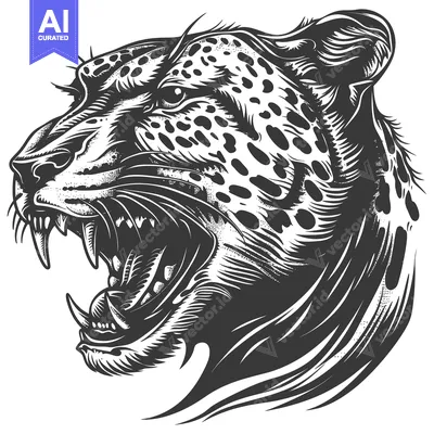 Aset desain premium: A Detailed Illustration of a Roaring Leopard's Head