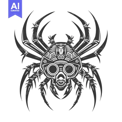 Aset desain premium: A Detailed Illustration of a Robotic Spider with a Mechanical Head and