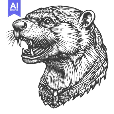 Aset premium populer: A Detailed Illustration of a Snout of a Growling Otter with Feathers A