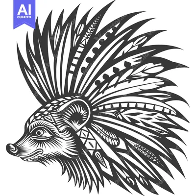 Aset desain premium: A detailed illustration of a stylized animal with a headdress of feath
