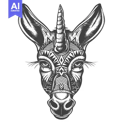 Aset premium populer: A Detailed Illustration of a Unicorn's Head with Tribal-Inspired Geome