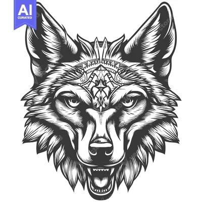 Aset desain premium: A Detailed Illustration of a Wolf's Head with a Geometric Design