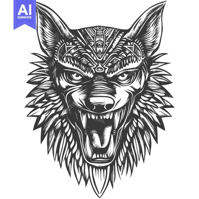 Aset desain premium: A Detailed Illustration of a Wolf's Head with an Open Mouth and Detail