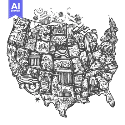 Aset premium populer: A Detailed Illustration of the United States with Historic and Symboli
