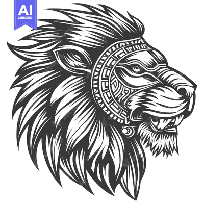 Aset premium populer: A detailed line art illustration of a lion's head with a patterned man