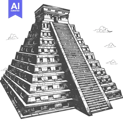 Aset premium populer: A Detailed Line Drawing of a Stepped Pyramid with Clouds in the Backgr