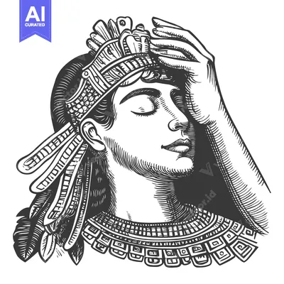 Aset desain premium: A Detailed Line Drawing of a Woman in Ancient Mayan Attire