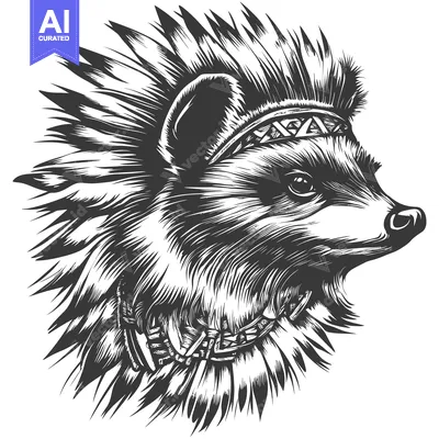 Aset premium populer: A Detailed Monochrome Illustration of a Raccoon Wearing a Native Ameri