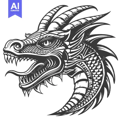 A detailed monochrome illustration of a snarling dragon head