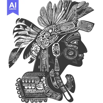 Aset desain premium: A Detailed Profile of an Aztec Person with Elaborate Headdress