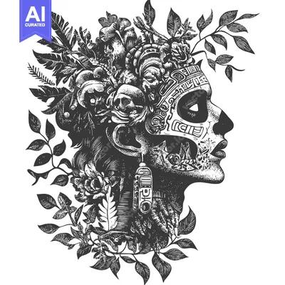 Premium design asset: A Detailed Profile of a Woman with a Floral and Ornate Mask